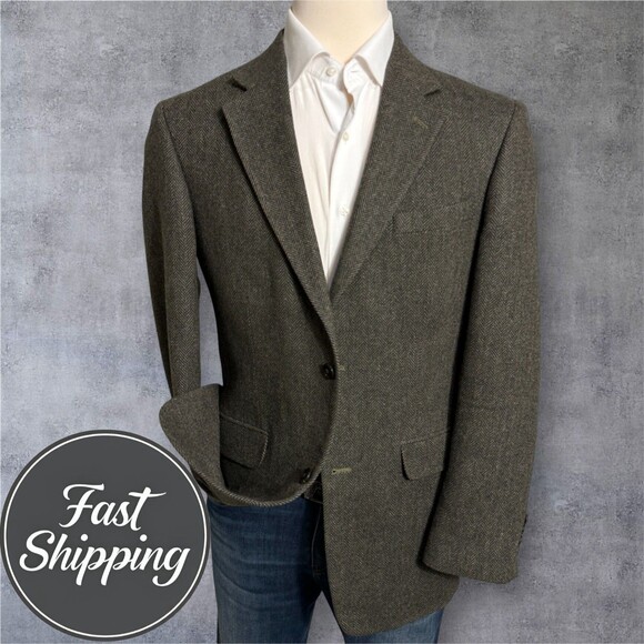 Vintage LANDS END TWEED WOOL Mens Blazer 40L Sport Coat Jacket Green Herringbone - Picture 2 of 14